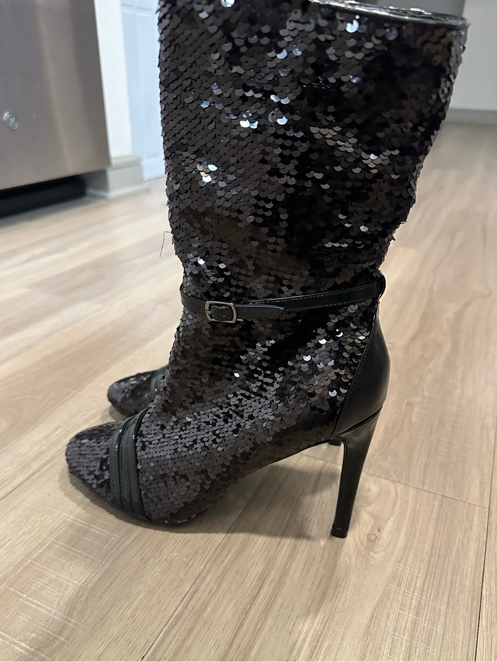 Black Sequin High-Heel Mid-Calf Boots - Women's Evening Boot